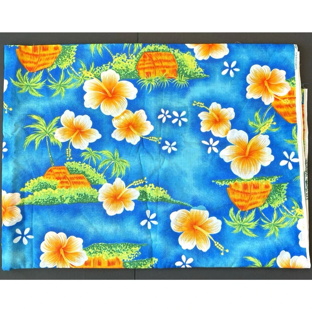 3.3 Yards Vintage‎ GVH Hawaii Print Fabric Tropical Floral Hibiscus Blue Orange